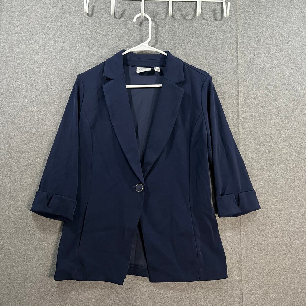 GRAVER Susan Graver LK Fuston 3/4 Sleeve Cutaway Hem Blazer Navy Small